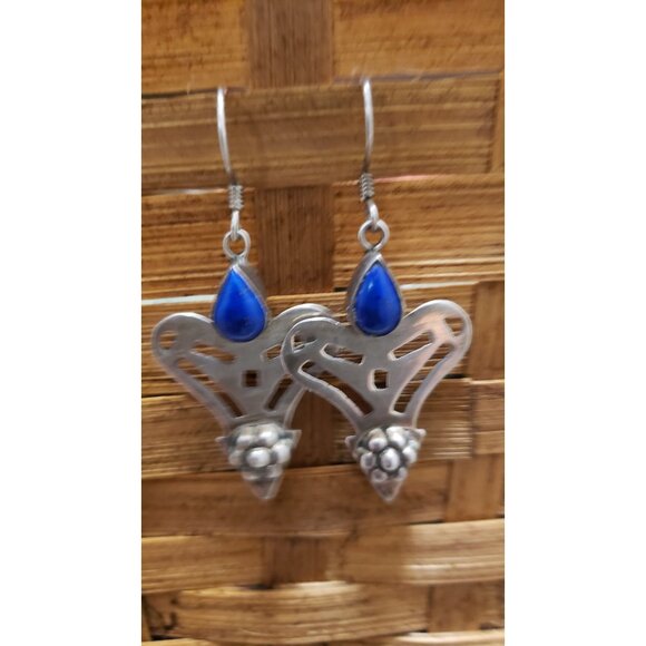Vintage Silver Dangle Heart Shape Earrings With Lapis Lazuli S - Picture 10 of 10